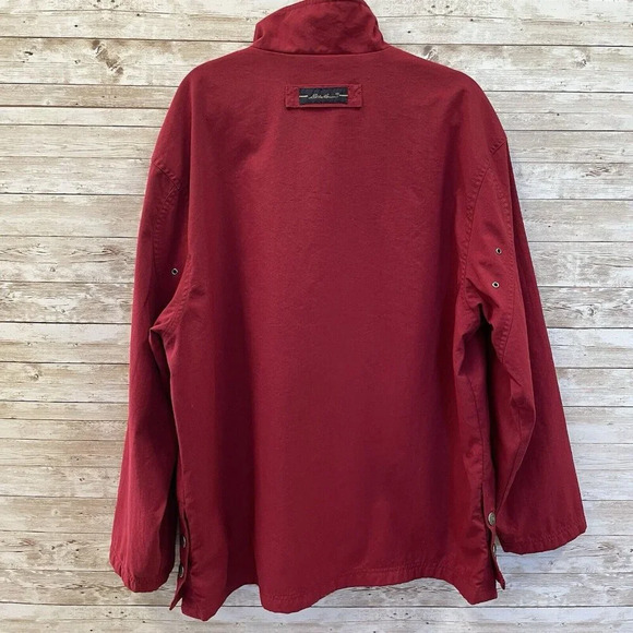 Eddie Bauer Mens S Jacket Red Canvas Coat Navy Lined Full Zipper & Snap Closure - Picture 4 of 12